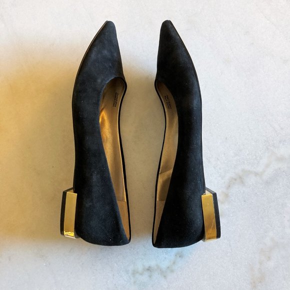 New! Tahari Eda black suede pointed toe flats / shoes with gold trim, block heel - Picture 10 of 13